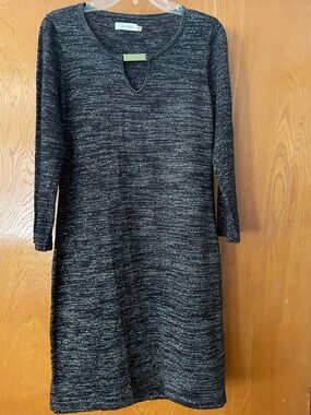 Calvin Klein Black Metallic Knit Sweater Dress A-Line Keyhole 3/4 Sleeve - Large
